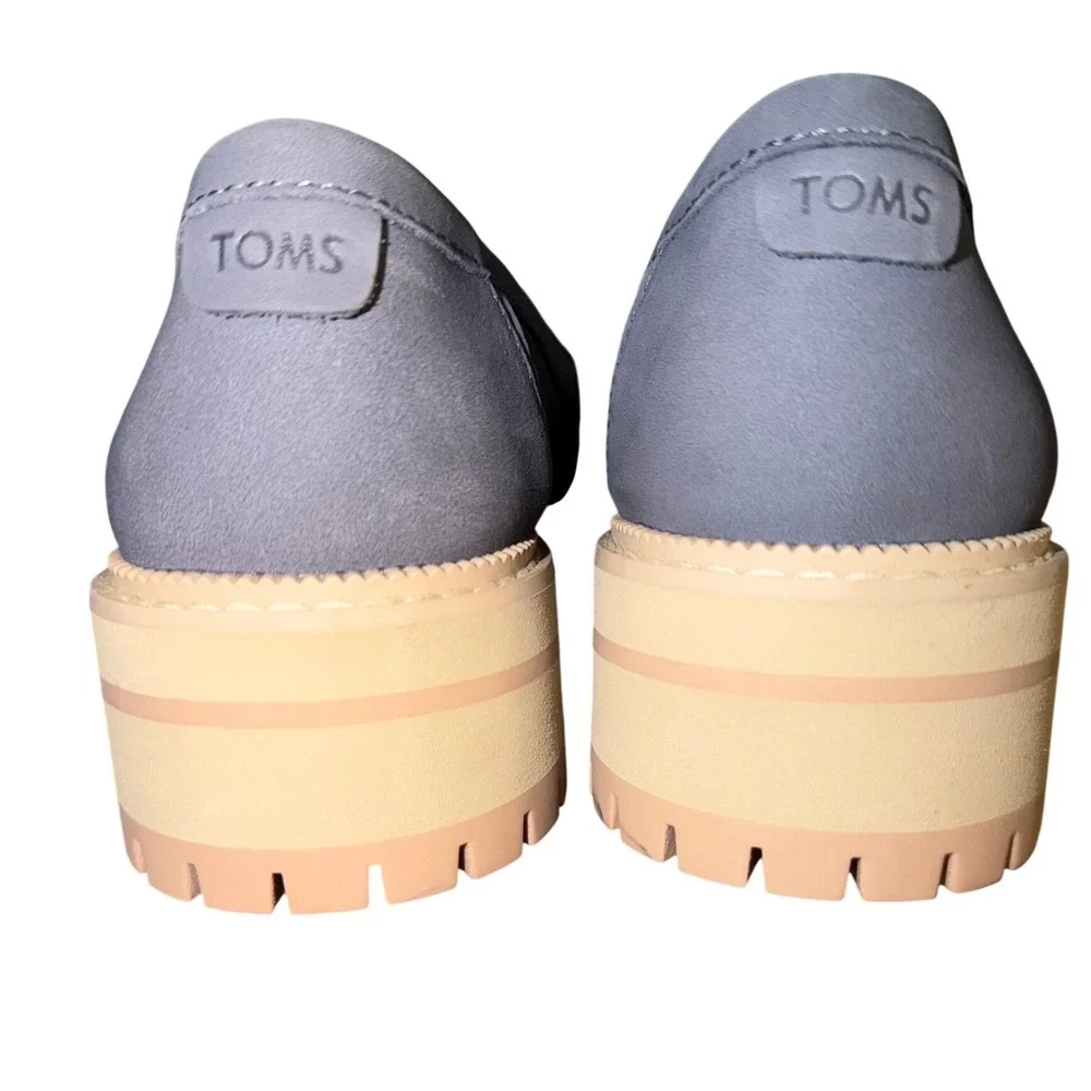 TOMS Cara Grey Leather Textile Chunky Platform Penny Loafers 8.5